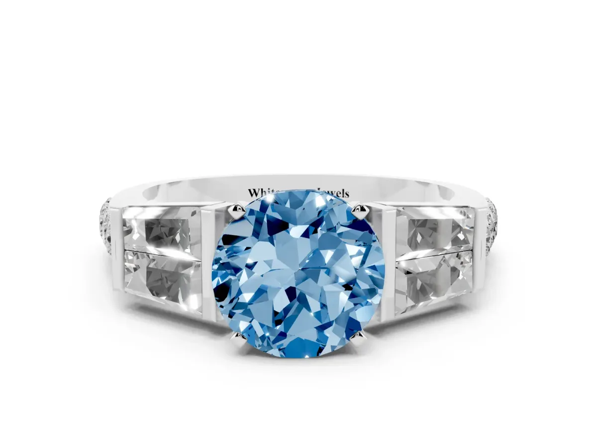 Fancy Blue Round Cut Diamond Engagement Ring with Baguette Side Stones and Channel Set Band White gold