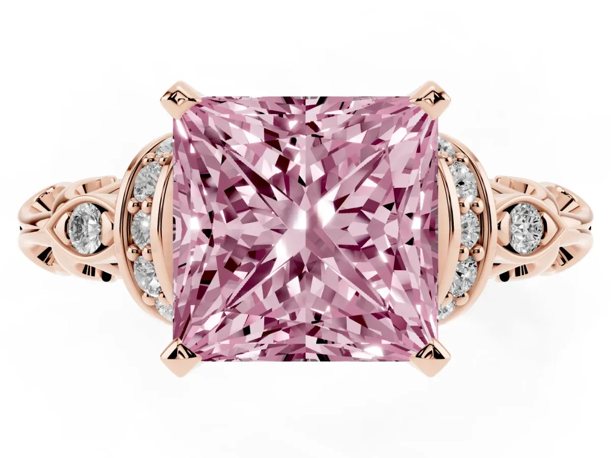 Fancy Pink Princess Cut Diamond Solitaire Ring with Filigree Band and Four-Prong Setting Rose gold