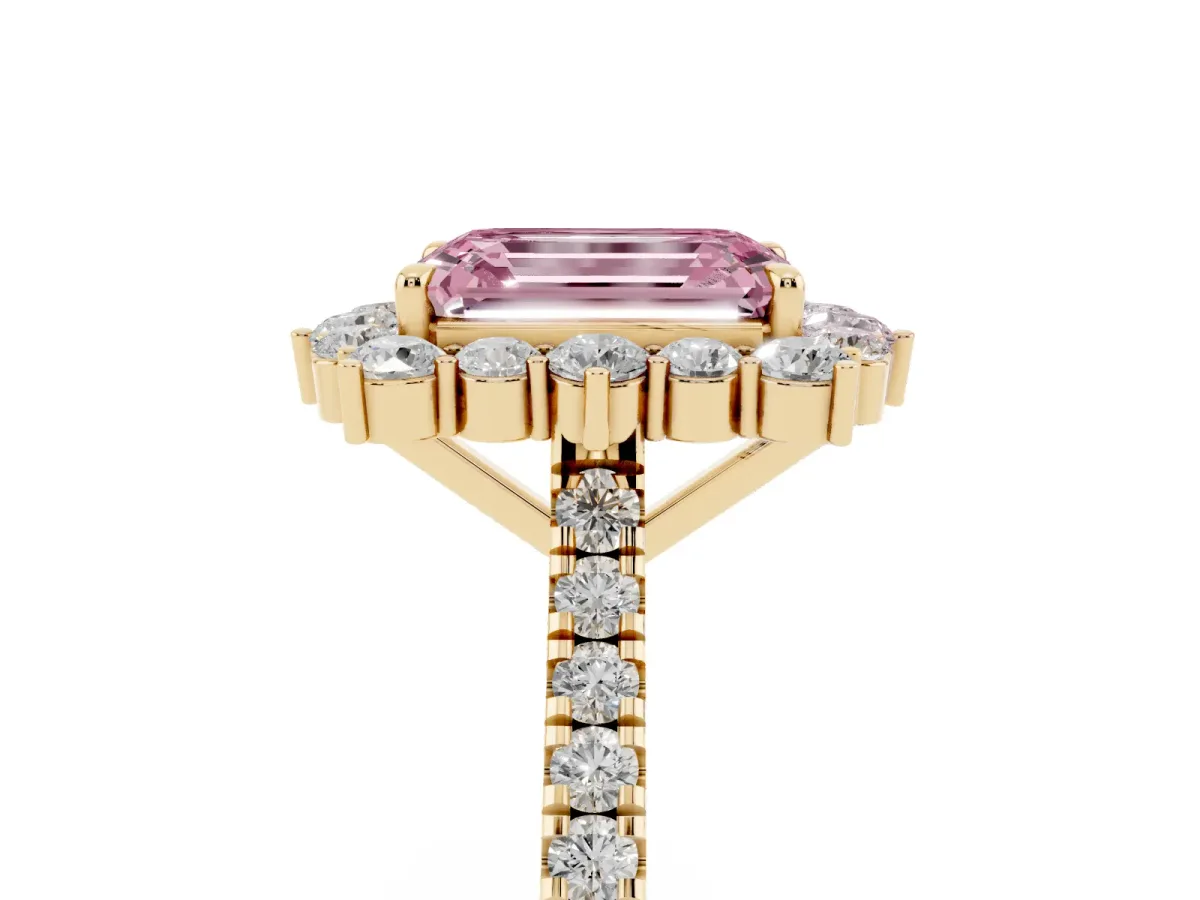 Fancy Pink Emerald Cut Halo Diamond Ring with Pavé Band and Prong Setting Yellow gold
