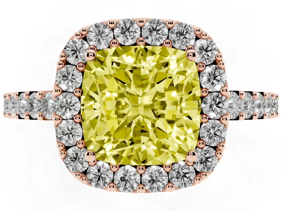 Fancy Yellow Cushion Cut Halo Diamond Pavé Solitaire Ring Rose gold