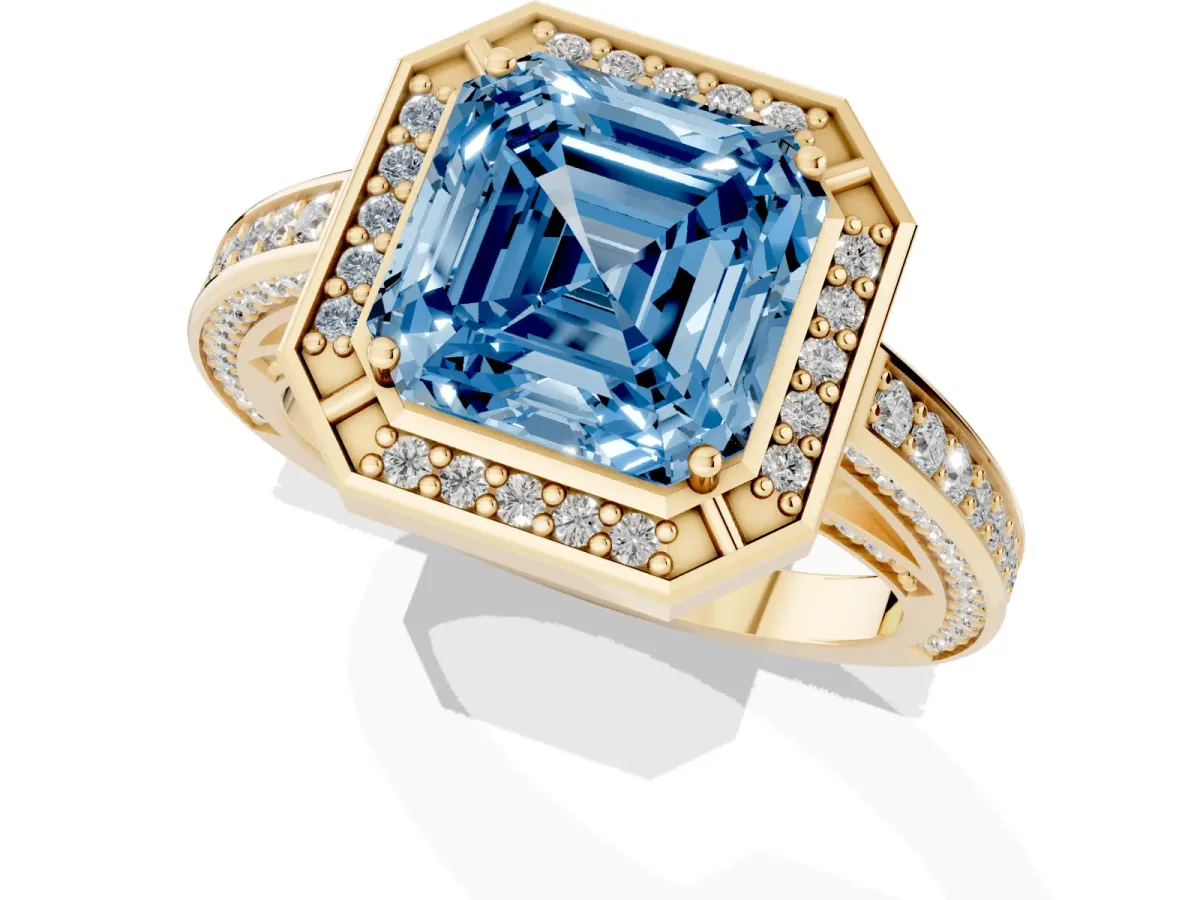 Fancy Blue Asscher Cut Cut Halo Pave Split Shank Prong Setting Ring Yellow gold