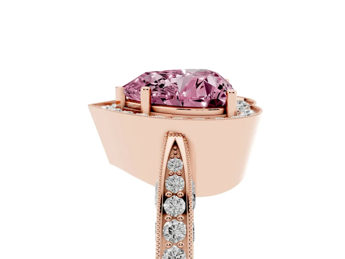 Fancy Pink Heart Cut Halo Diamond Engagement Ring with Split Shank Band and Four-Prong Setting Rose gold