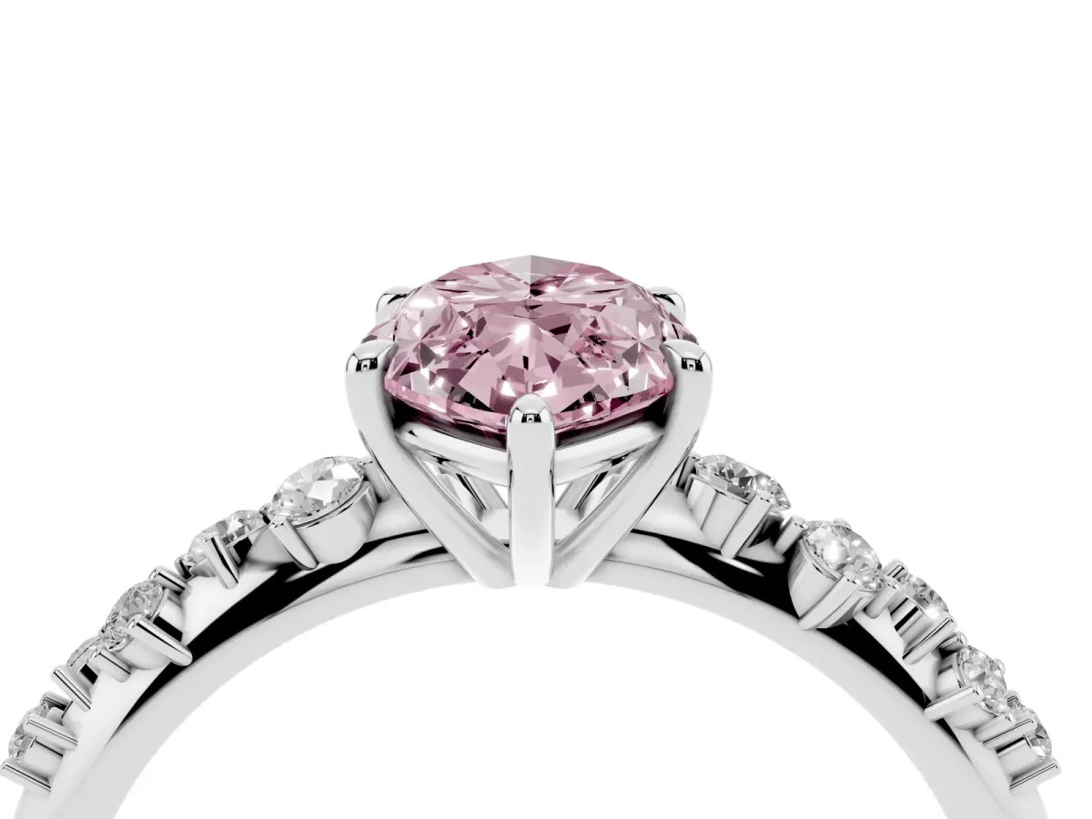 Fancy Pink Marquise Cut Diamond Cluster Side Stone Solitaire Ring with Prong Setting Silver