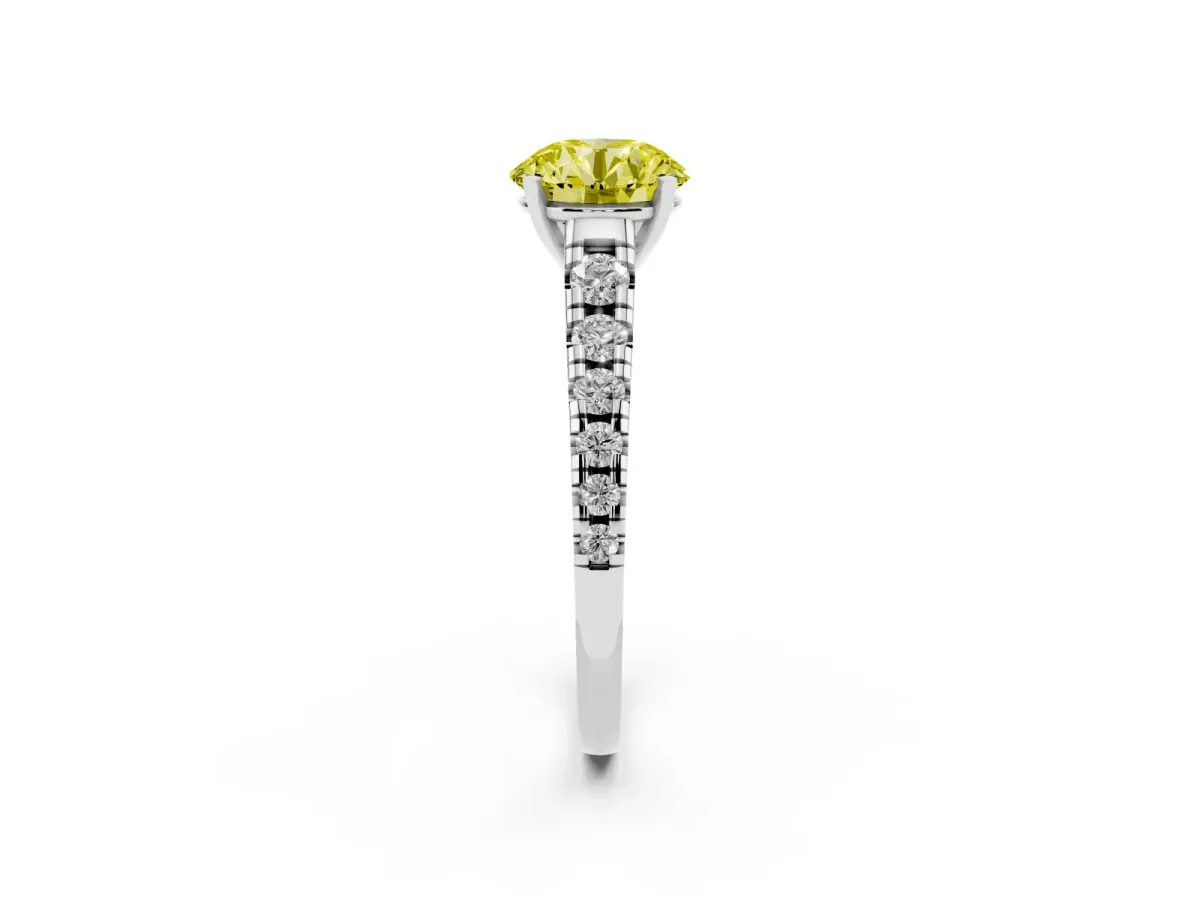Fancy Yellow Round Cut Diamond Cathedral Solitaire Ring with Round Pavé Band Silver