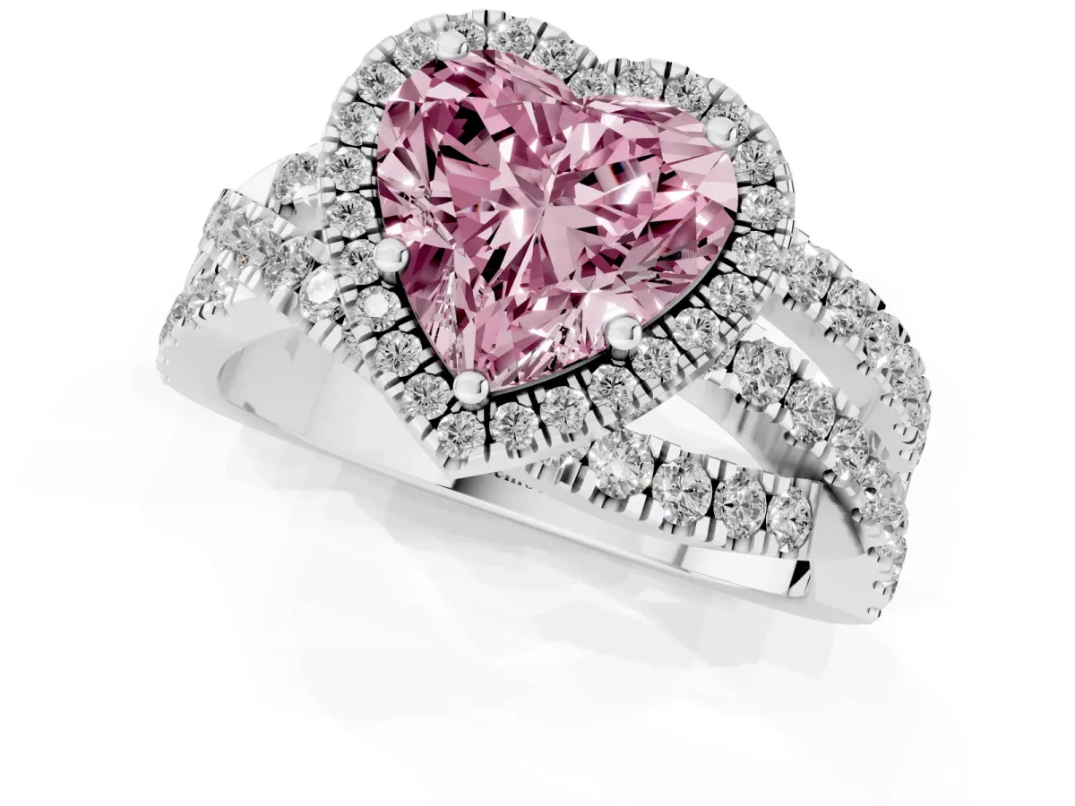 Fancy Pink Heart Cut Diamond Halo Ring with Round Split Shank and Prong Setting Platinum