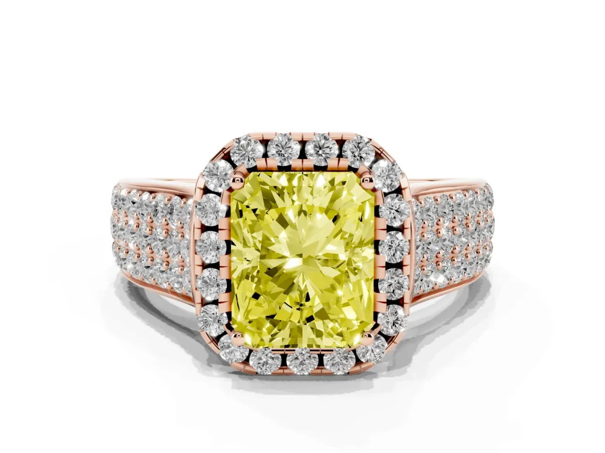 Fancy Yellow Radiant Cut Halo Round Diamond Pave Band with Prong Setting Rose gold