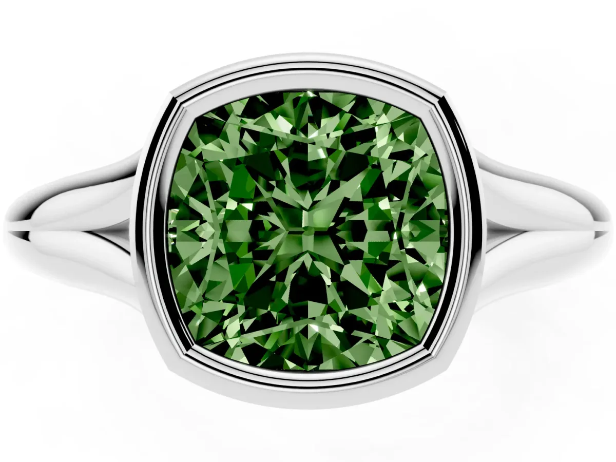 Fancy Green Bezel Set Cushion Cut Solitaire Diamond Ring with Smooth Band Platinum