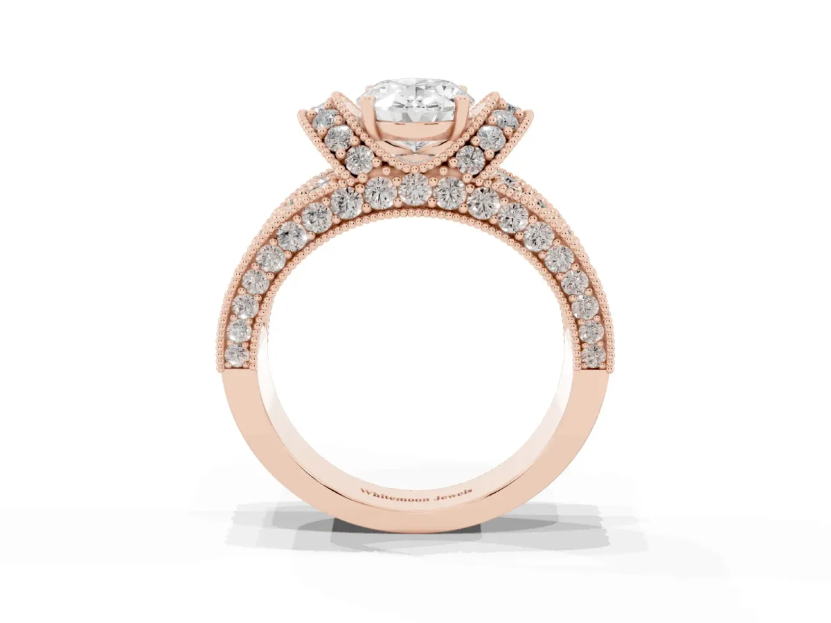 Oval Cut Halo Pave Diamond Engagement Ring with Milgrain Detailing Rose gold