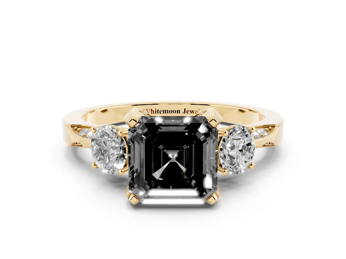 Fancy Black Asscher Cut Brilliant Three-Stone Diamond Ring with Pavé Band and Four-Prong Setting Yellow gold