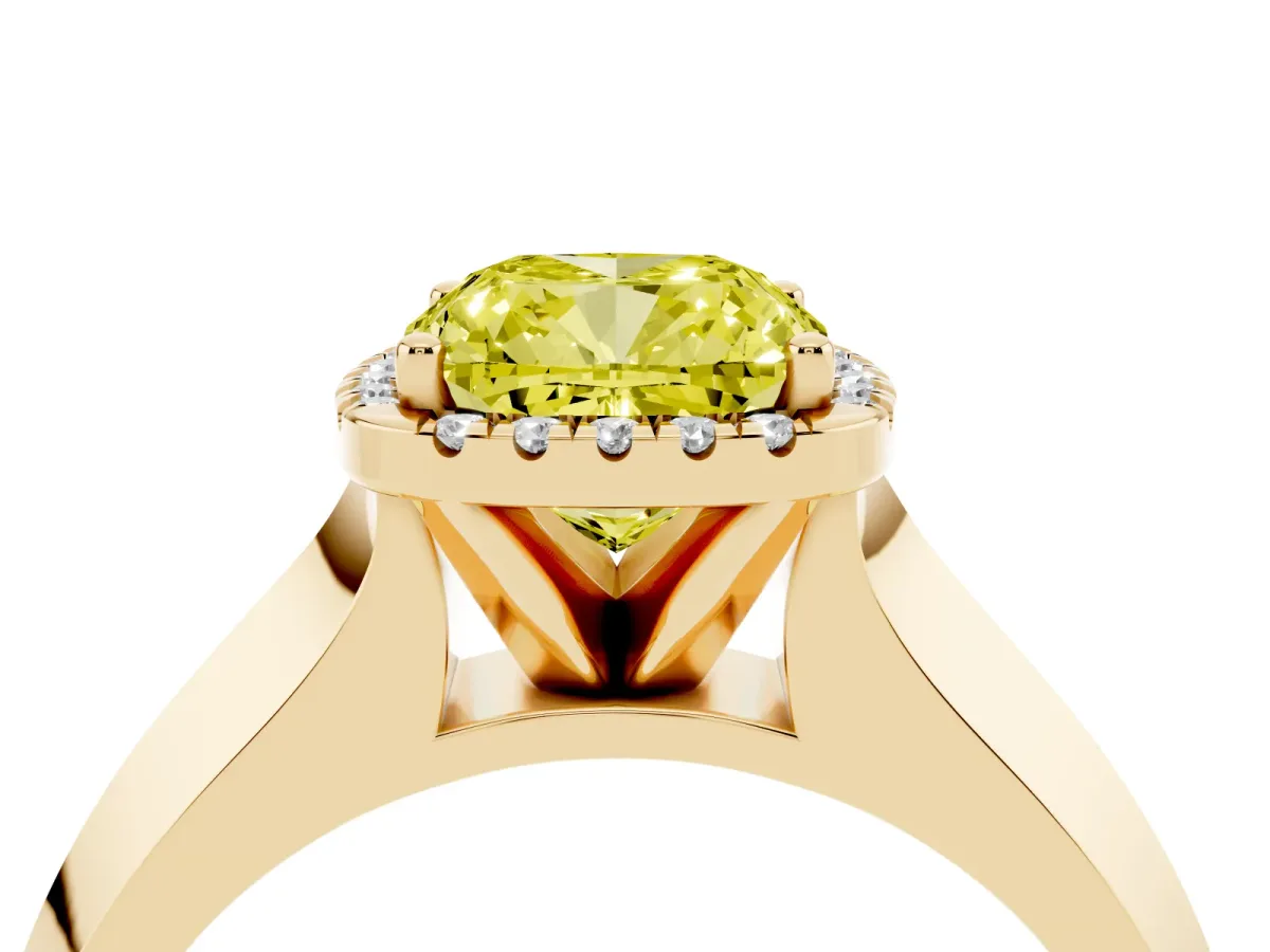 Fancy Yellow Cushion Cut Halo Diamond Ring with Cathedral Band and Four-Prong Setting Yellow gold