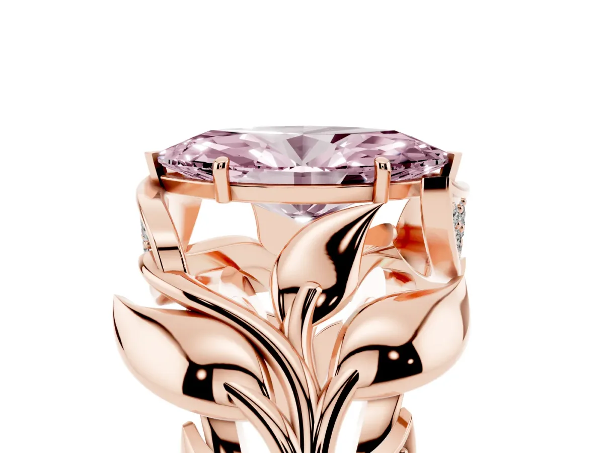 Fancy Pink Marquise Cut Diamond Leaf-Inspired Engagement Ring with Round Accents and Prong Setting Rose gold