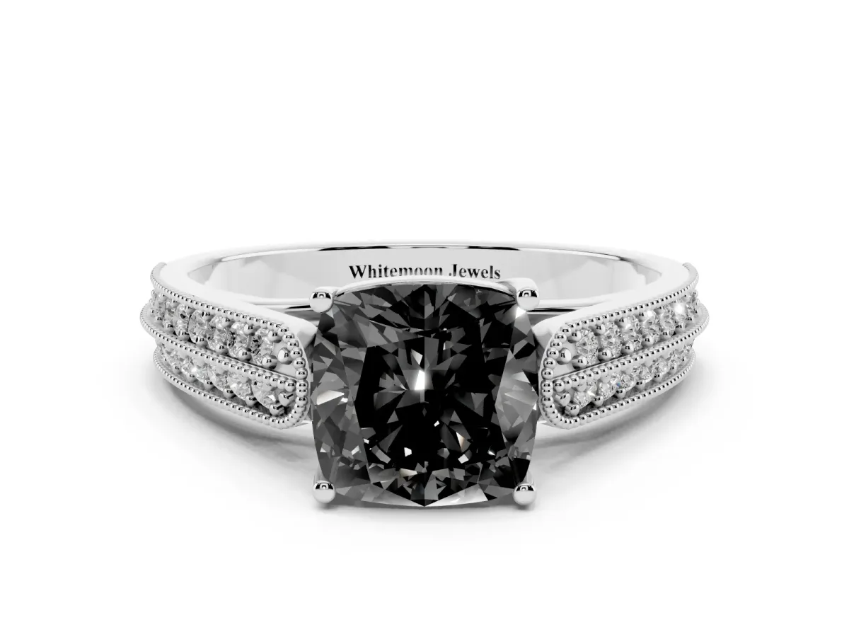 Fancy Black Cushion Cut Cut Pave Split Shank Engagement Ring with Four-Prong Setting White gold