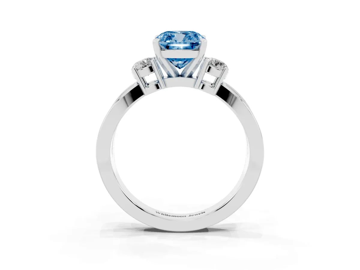 Fancy Blue Three-Stone Cushion Cut Cut Diamond Twist Band with Prong Setting Silver