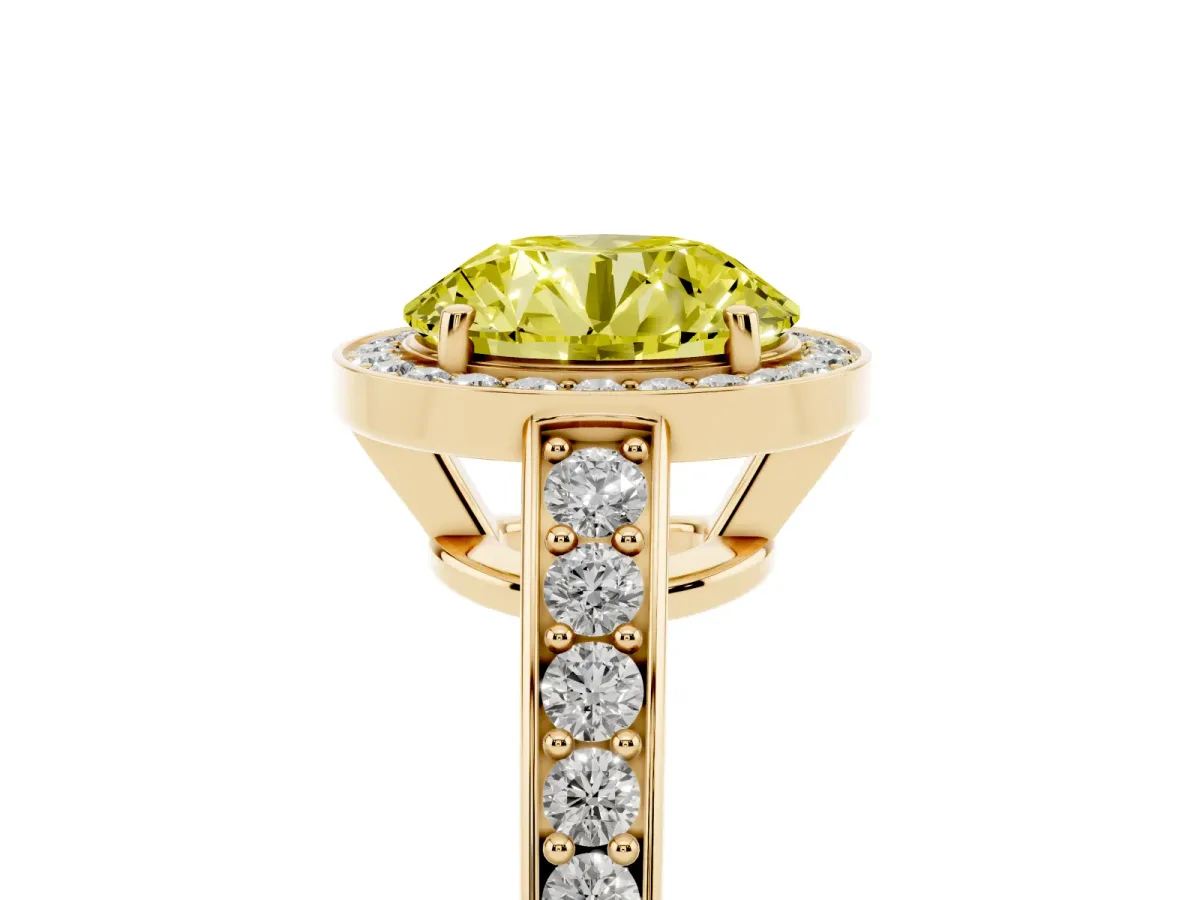 Fancy Yellow Round Cut Halo Pavé Diamond Engagement Ring with Bezel Setting Yellow gold