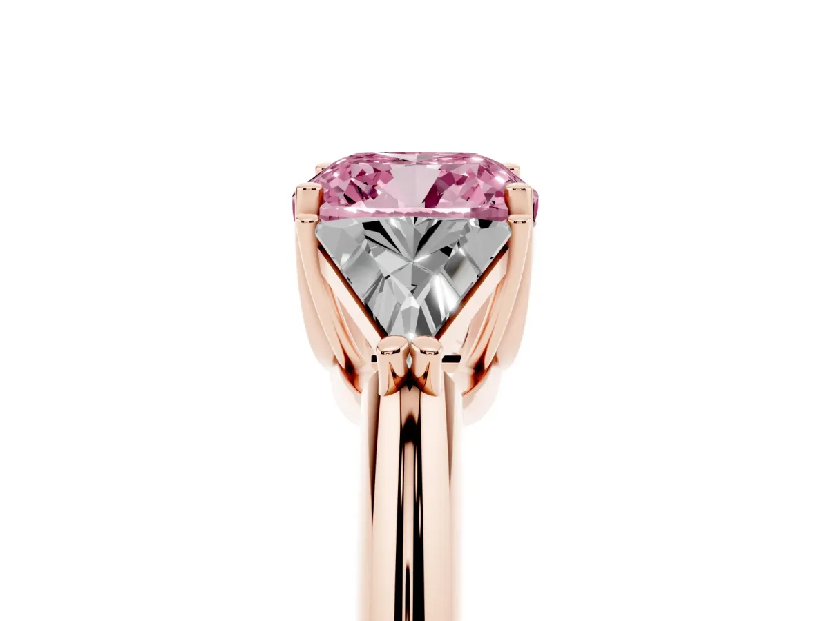 Fancy Pink Three-Stone Cushion Cut Diamond Engagement Ring with Trillion Side Stones and Prong Setting Rose gold