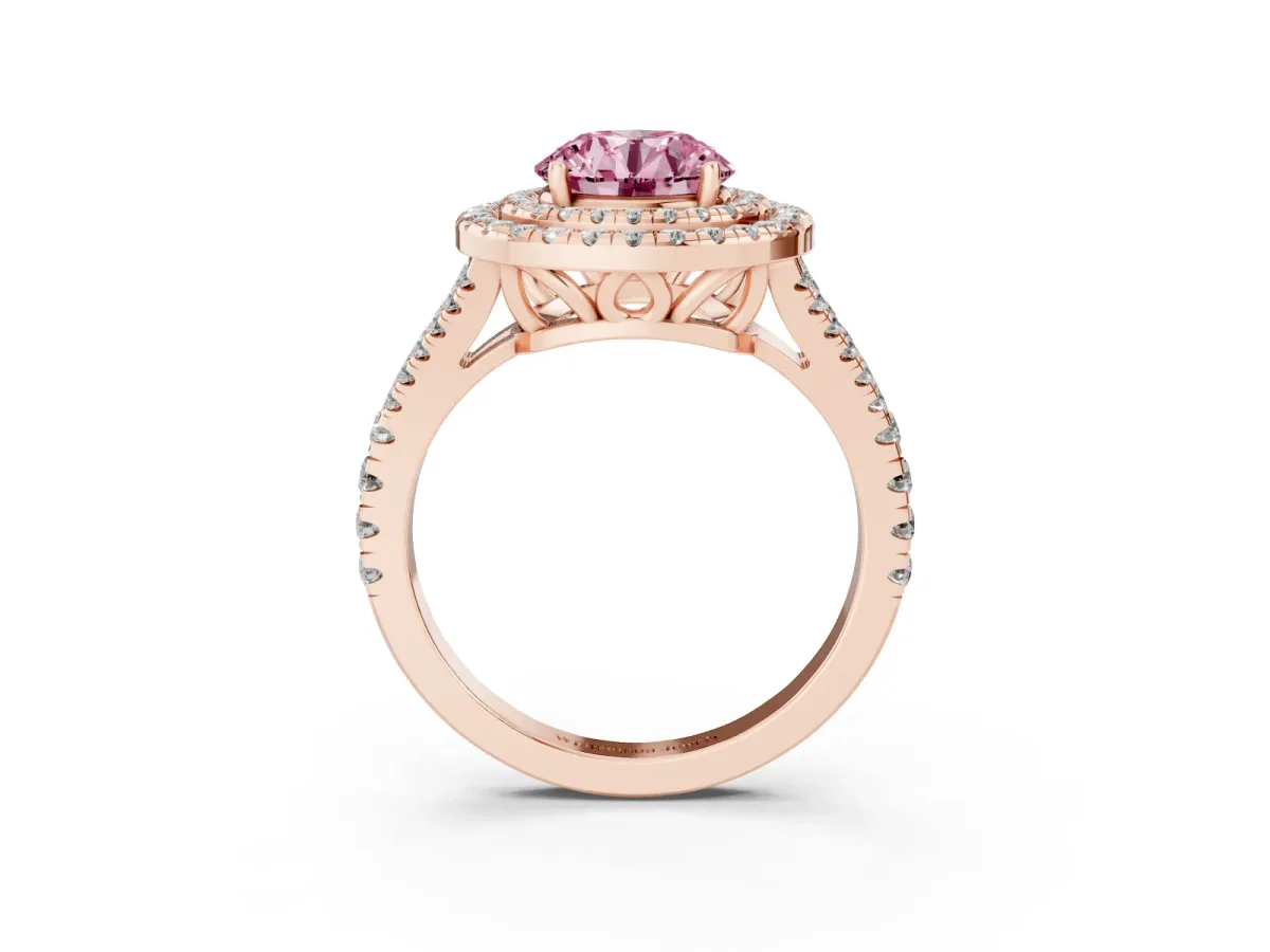 Fancy Pink Round Cut Diamond Double Halo Ring with Pavé Band and Prong Setting Rose gold