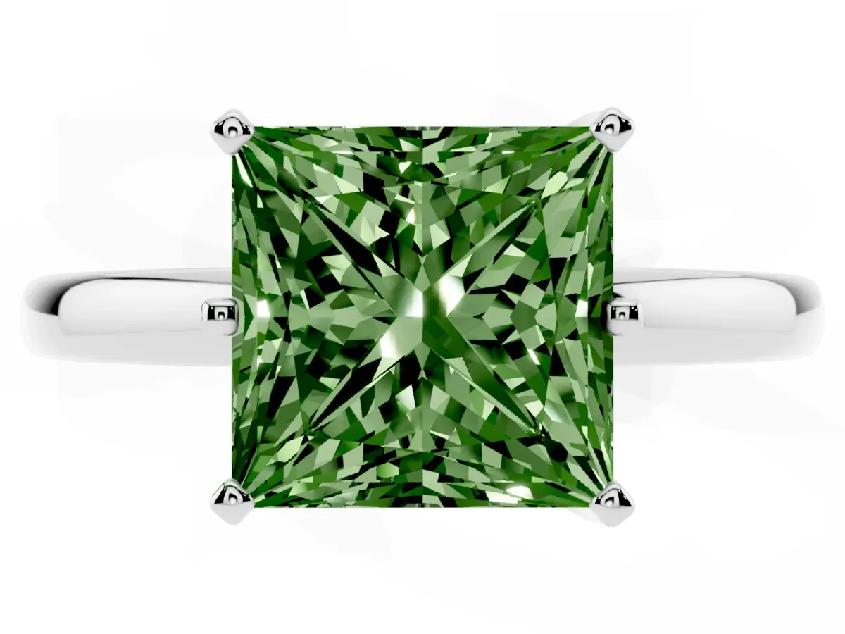 Fancy Green Princess Cut Solitaire Diamond Ring with Six-Prong Setting on a Classic Band Silver