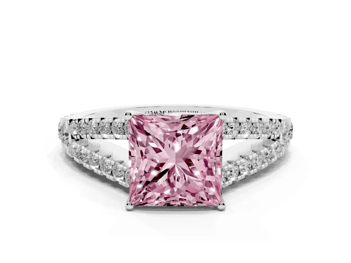 Fancy Pink Princess Cut Diamond Split Shank Engagement Ring with Round Pavé and Prong Setting Silver