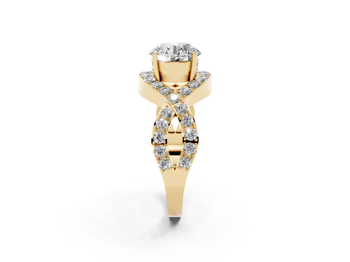 Round Cut Solitaire Twist Band Pavé Diamond Engagement Ring Yellow gold
