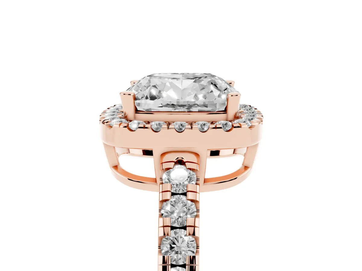 Cushion Cut Diamond Halo Ring with Pavé Band and Four-Prong Setting Rose gold