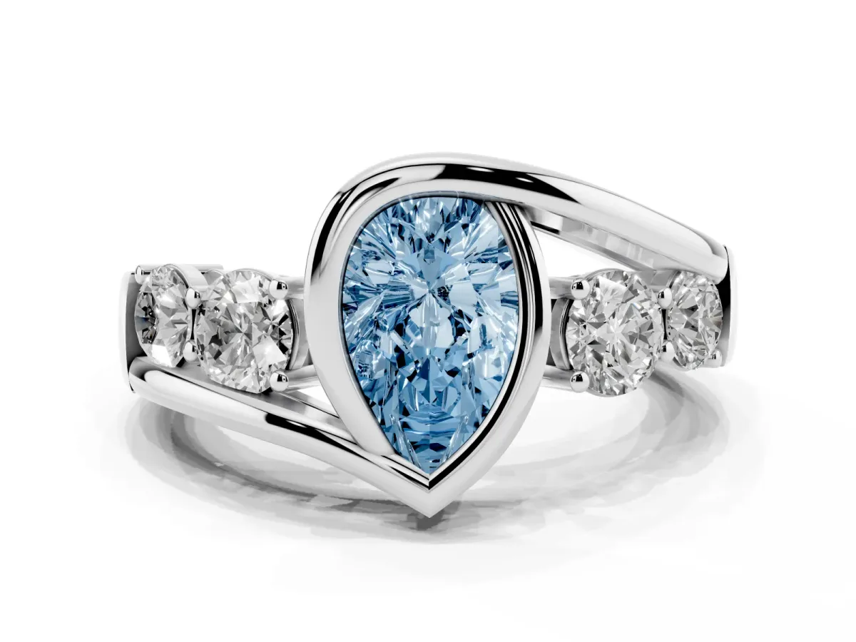 Fancy Blue Bezel Set Pear Cut Diamond Bypass Ring with Round Accents Platinum
