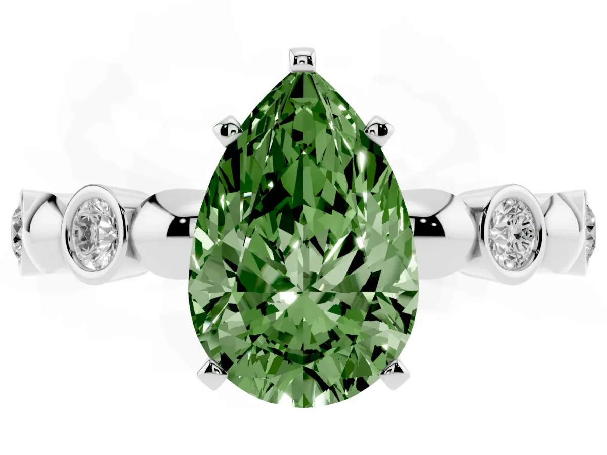 Fancy Green Pear Cut Solitaire Bezel-Set Diamond Ring with Beaded Band and Four-Prong Setting Silver