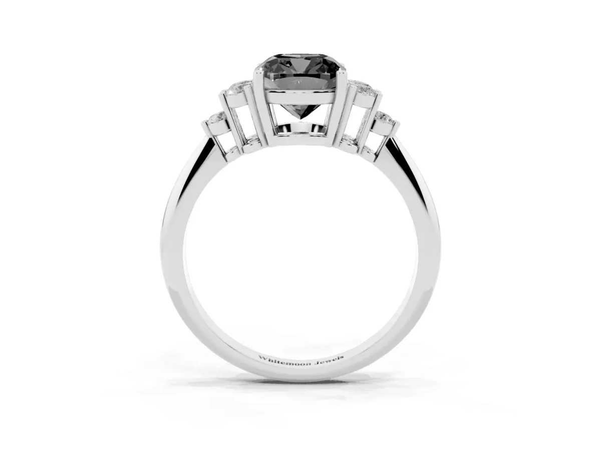Fancy Black Cushion Cut Cut Diamond Cluster Ring with Solitaire Band and Four-Prong Setting Silver
