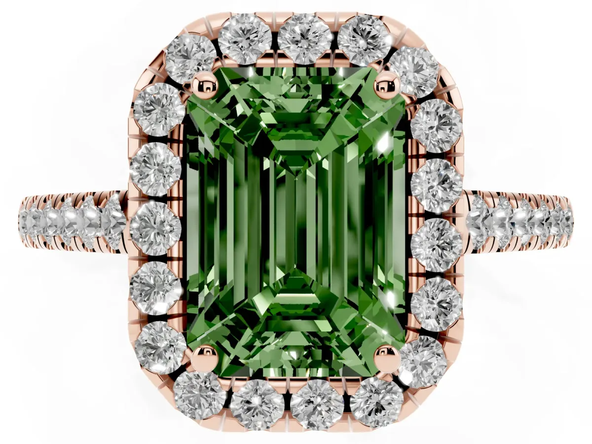 Fancy Green Emerald Cut Halo Pave Diamond Engagement Ring with Four-Prong Setting Rose gold