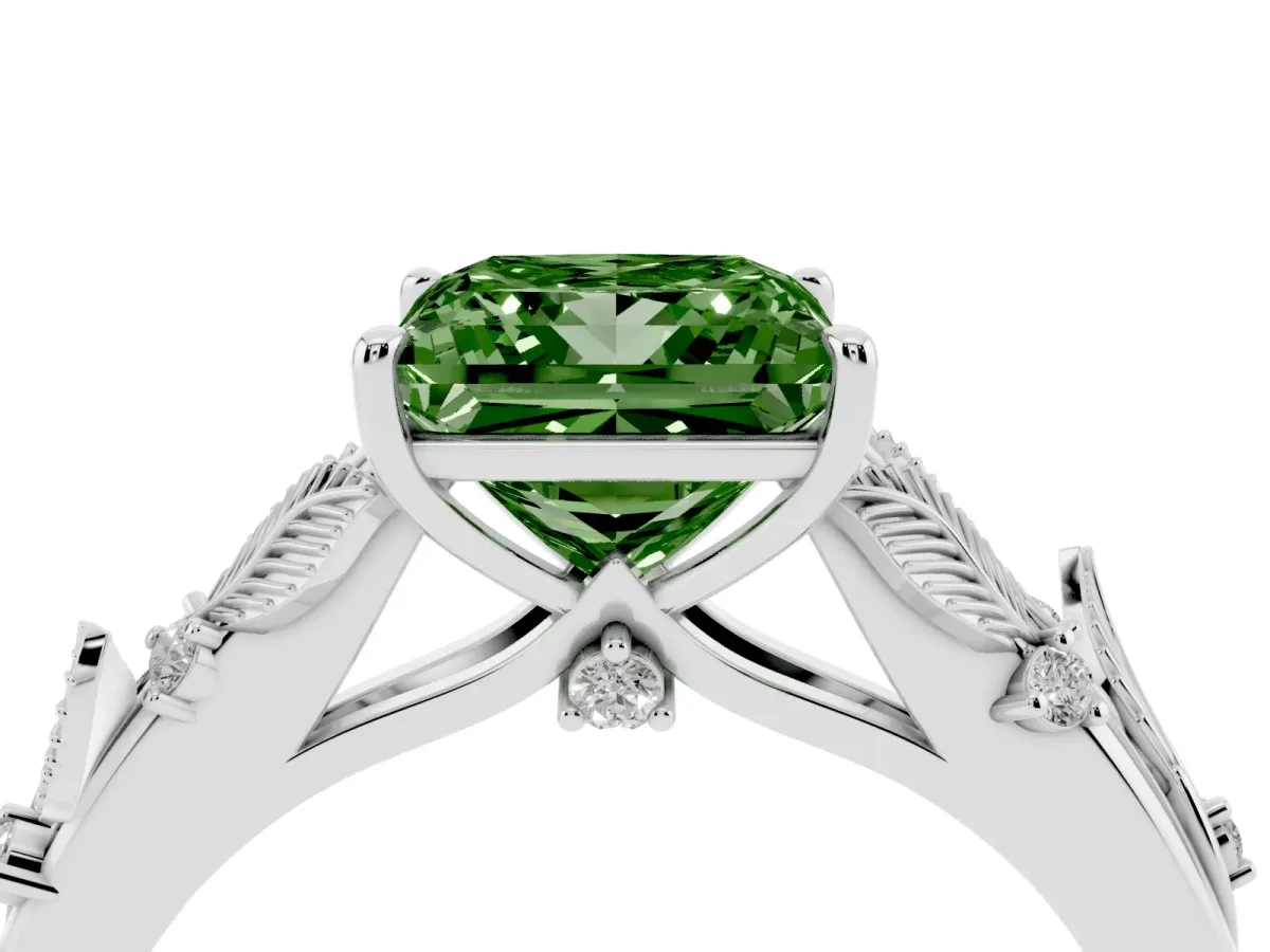 Fancy Green Princess Cut Diamond Solitaire Ring with Leaf Motif Band and Four-Prong Setting Silver