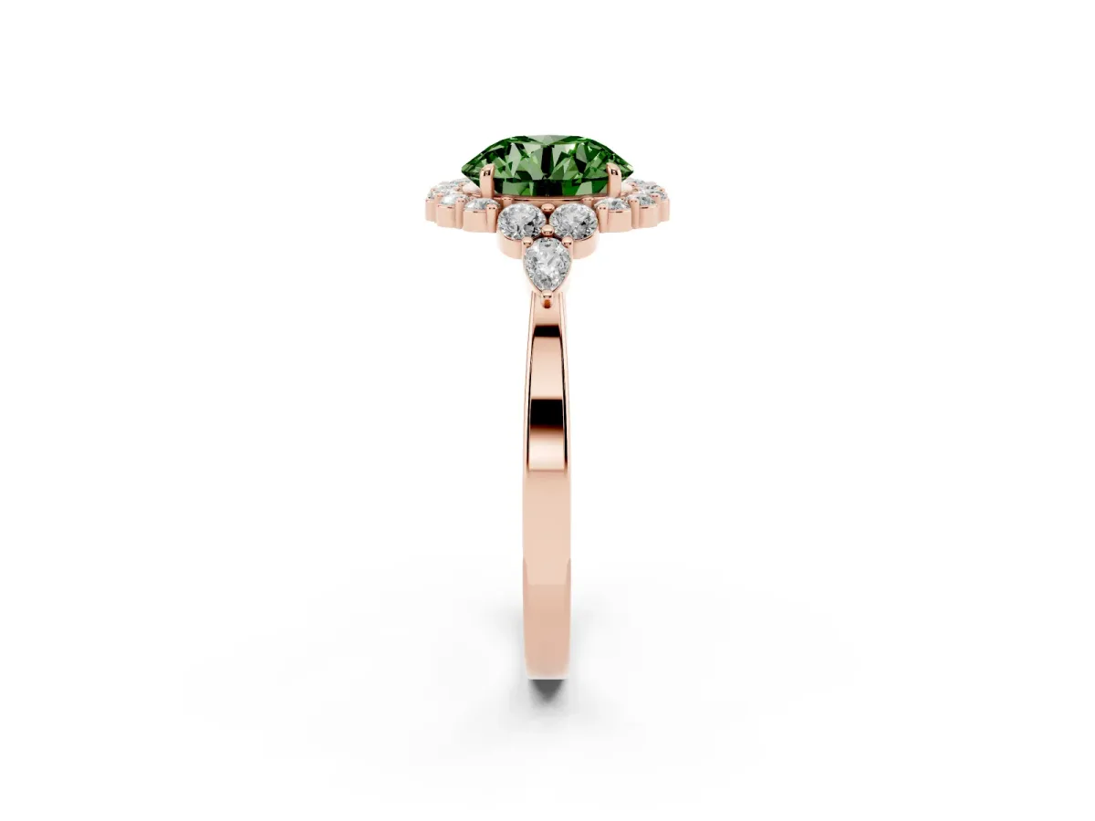 Fancy Green Round Cut Diamond Halo Ring with Pear Side Stones and Prong Setting Rose gold