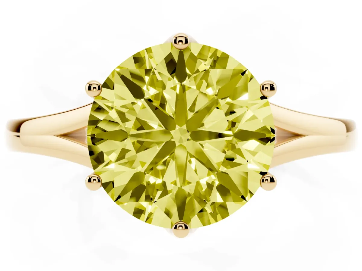 Fancy Yellow Round Cut Solitaire Diamond Ring with Six-Prong Setting and Tapered Band Yellow gold