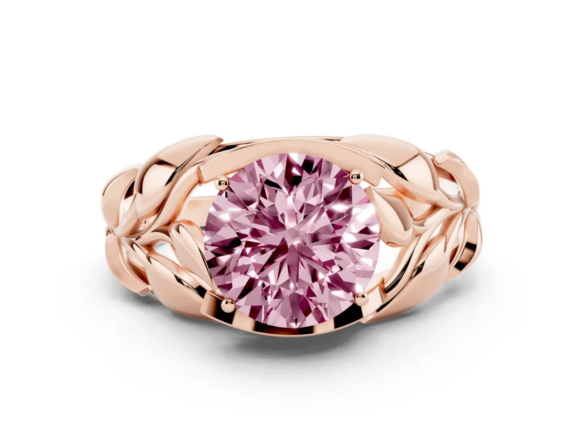 Fancy Pink Round Cut Diamond Leaf-Inspired Engagement Ring with Round Accents and Prong Setting Rose gold