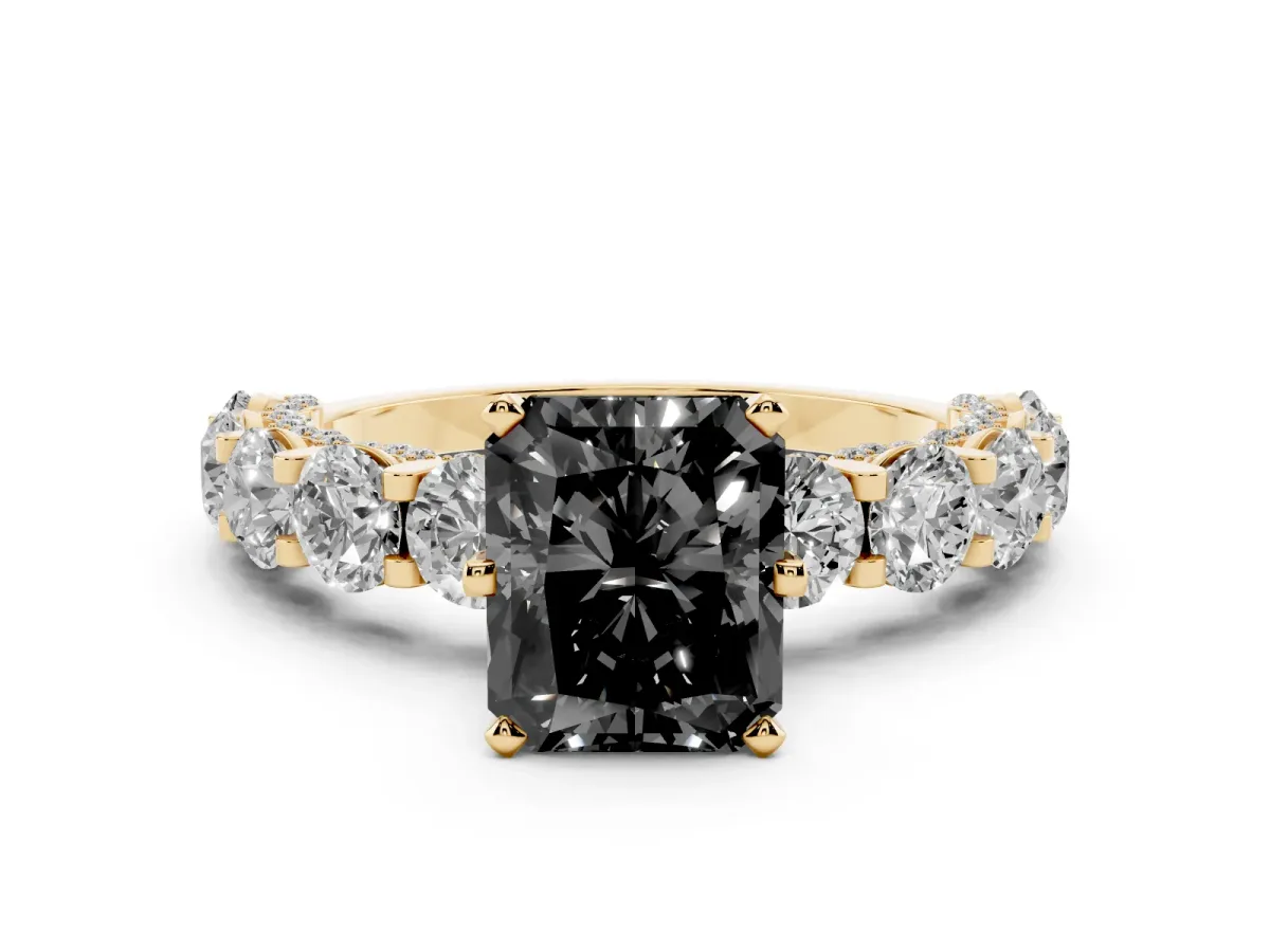 Fancy Black Radiant Cut Diamond Side Stone Engagement Ring with Four-Prong Setting Yellow gold