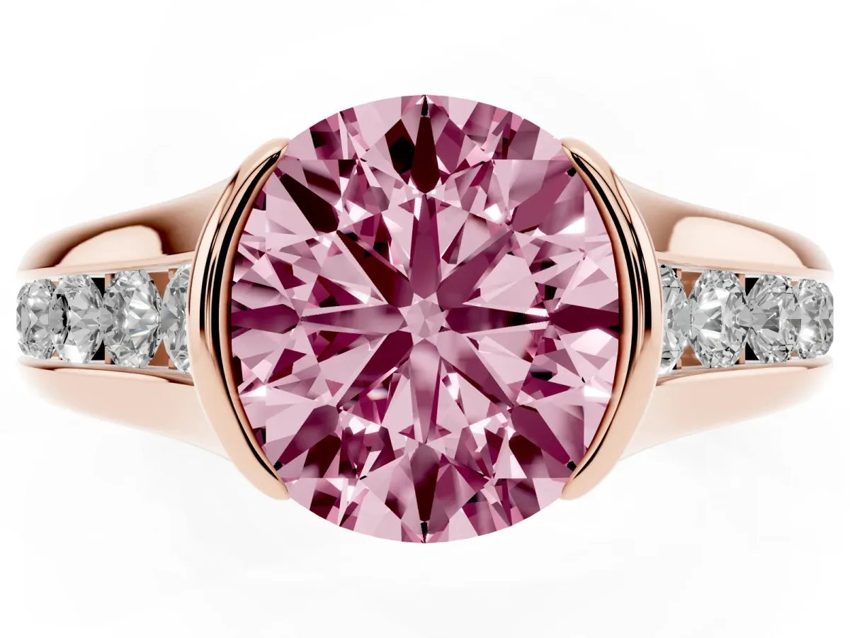 Fancy Pink Round Cut Solitaire Bezel-Set Diamond Ring with Channel-Set Band Rose gold