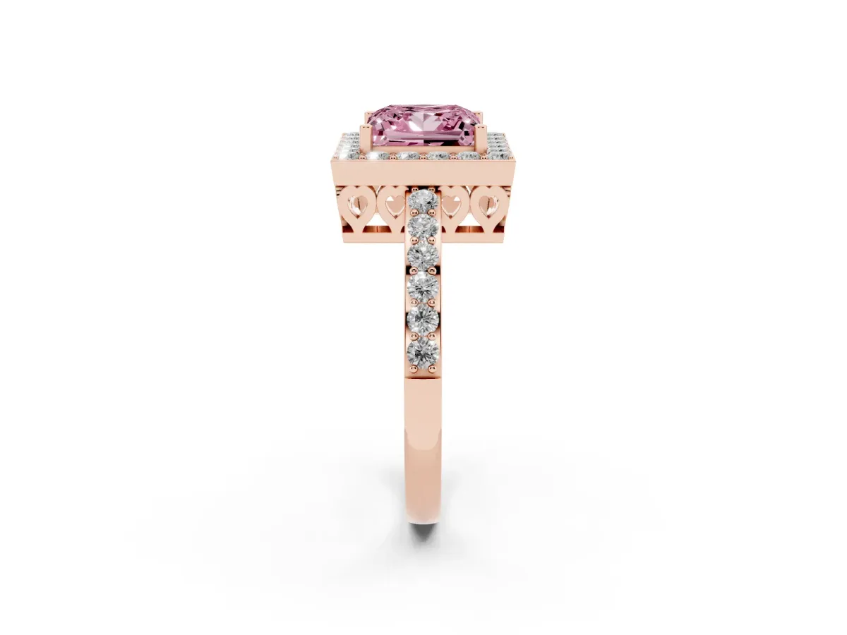 Fancy Pink Princess Cut Halo Diamond Pavé Band Ring with Prong Setting Rose gold