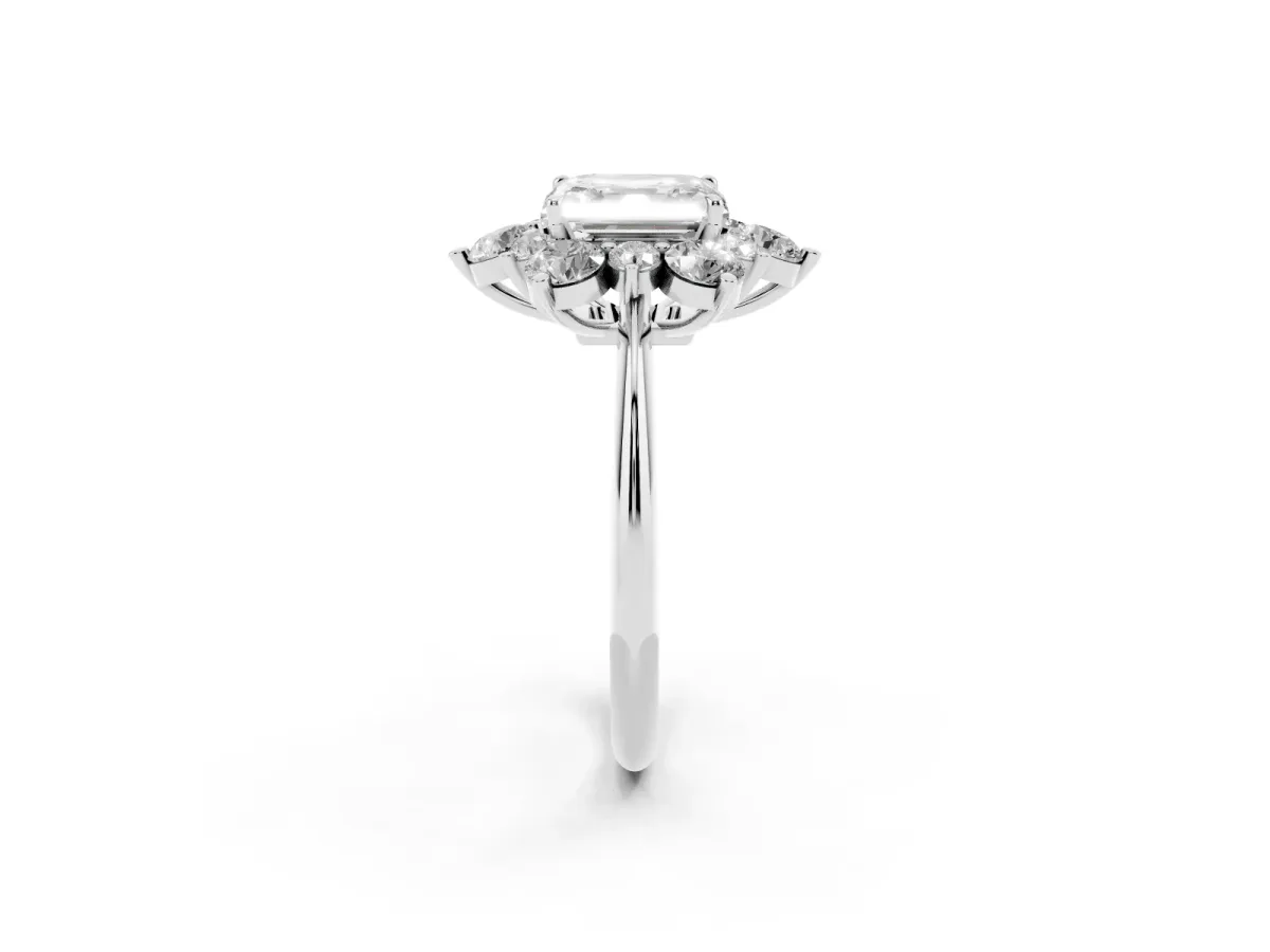 Asscher Cut Diamond Cluster Halo Ring with Solitaire Band and Four-Prong Setting Platinum