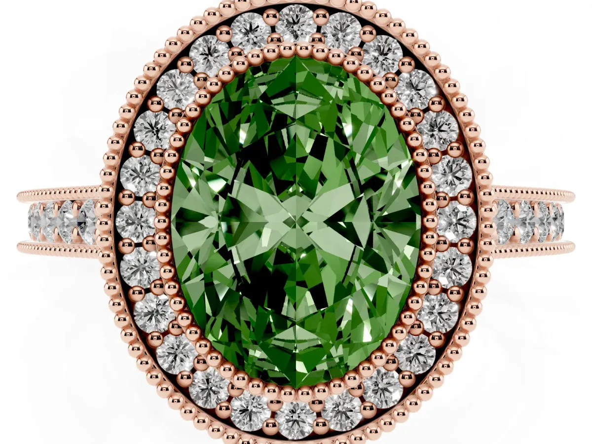 Fancy Green Halo Oval Cut-Cut Diamond Pave Band Milgrain Prong Setting Ring Rose gold