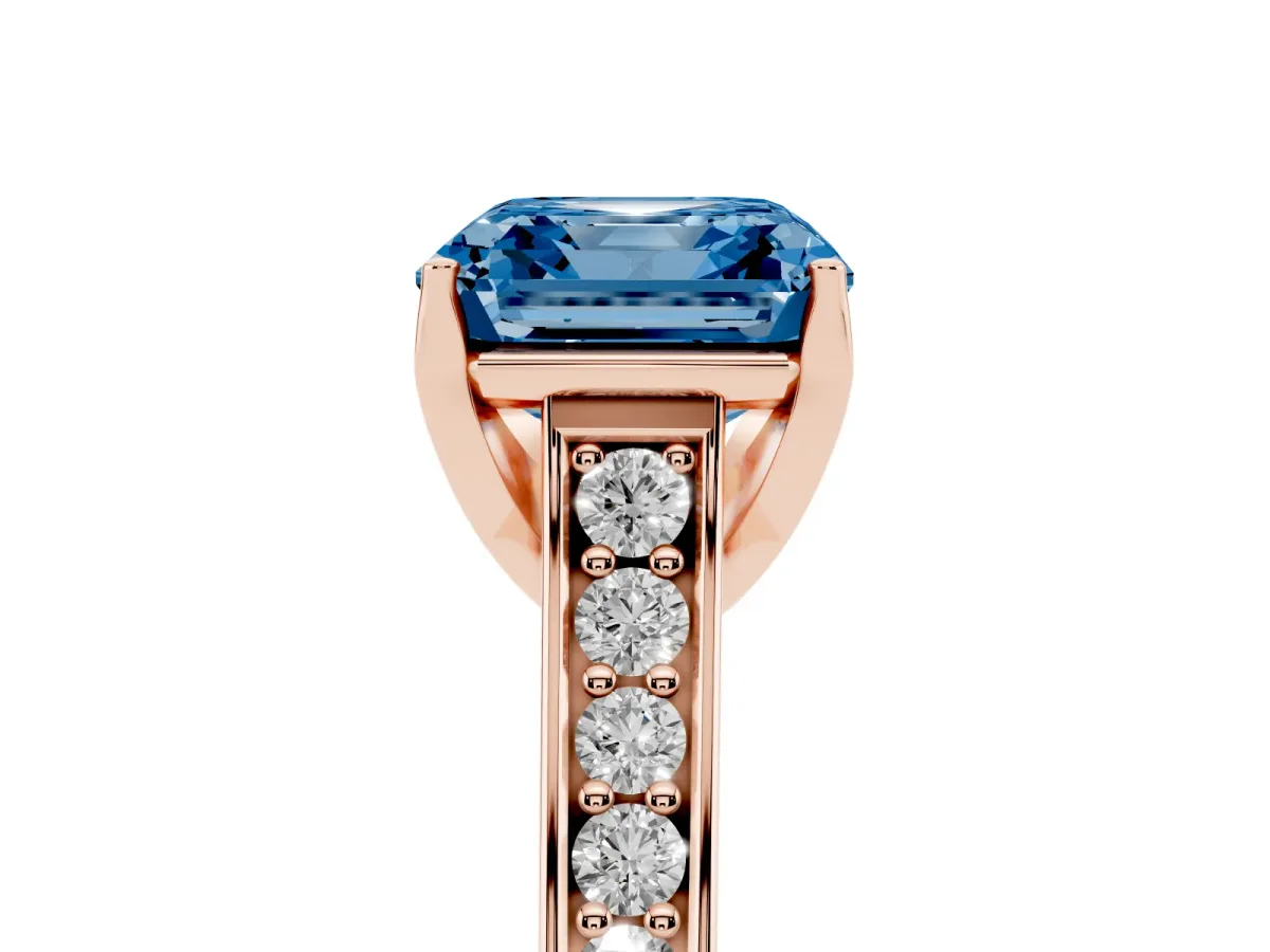 Fancy Blue Asscher Cut Brilliant Cut Diamond Engagement Ring with Pavé Band and Four-Prong Setting Rose gold