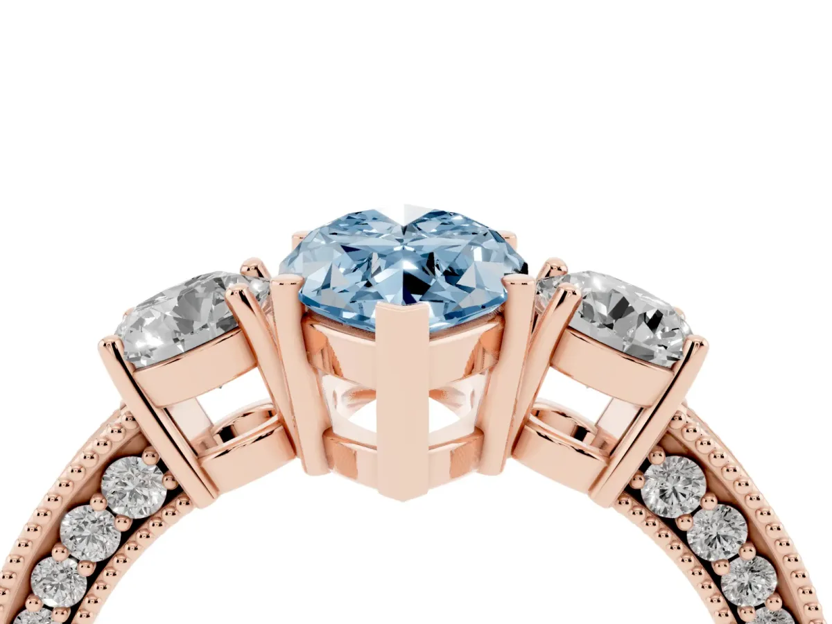 Fancy Blue Marquise Cut Three-Stone Diamond Ring with Pavé Band and Four-Prong Setting Rose gold