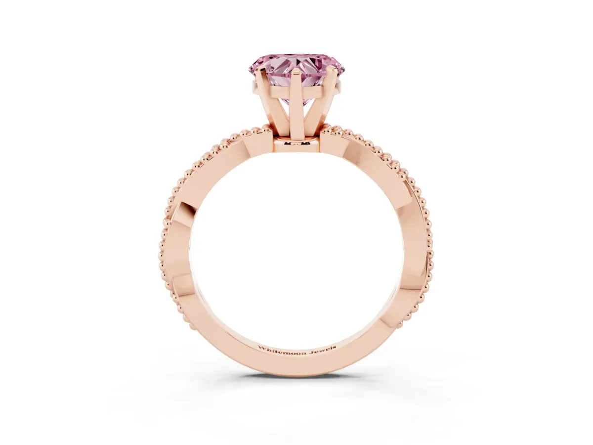 Fancy Pink Heart Cut Solitaire Twisted Band with Bead Prong Setting Rose gold
