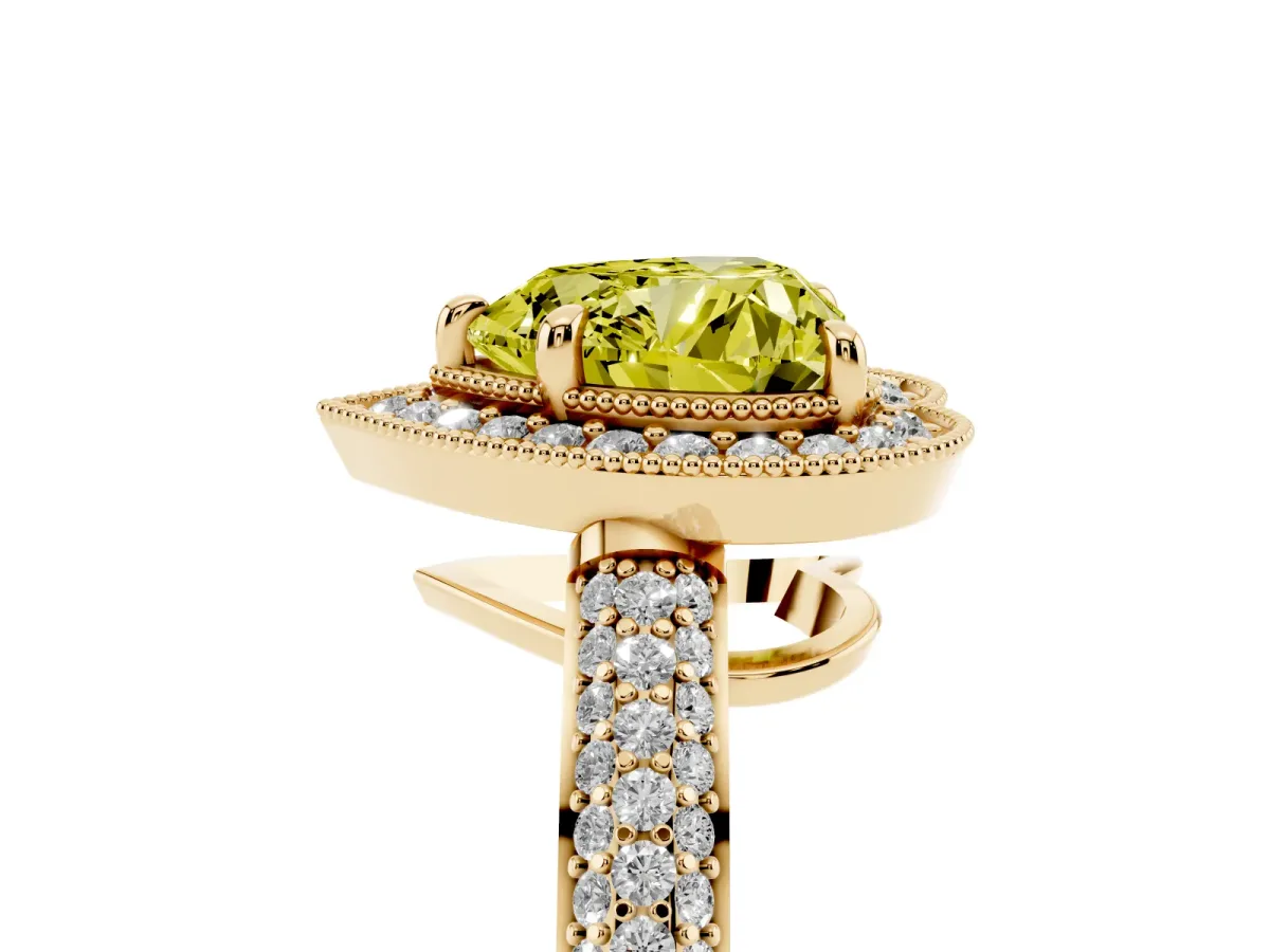 Fancy Yellow Heart Cut Cut Halo Diamond Pave Band with Four-Prong Setting Yellow gold
