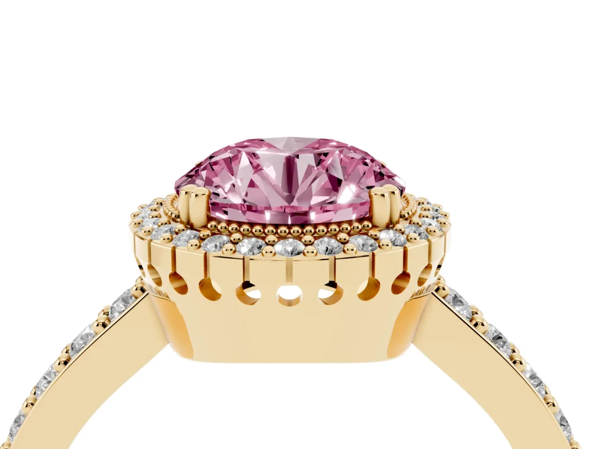Fancy Pink Round Cut Cut Diamond Halo Engagement Ring with Milgrain Detail and Pavé Band Yellow gold