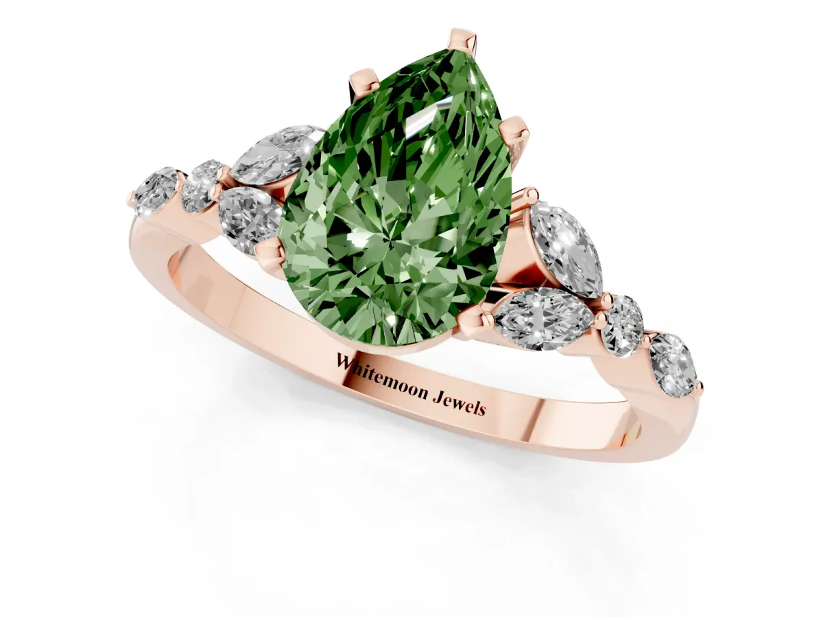 Fancy Green Pear Cut Diamond Solitaire Ring with Side Stones and Four-Prong Setting Rose gold