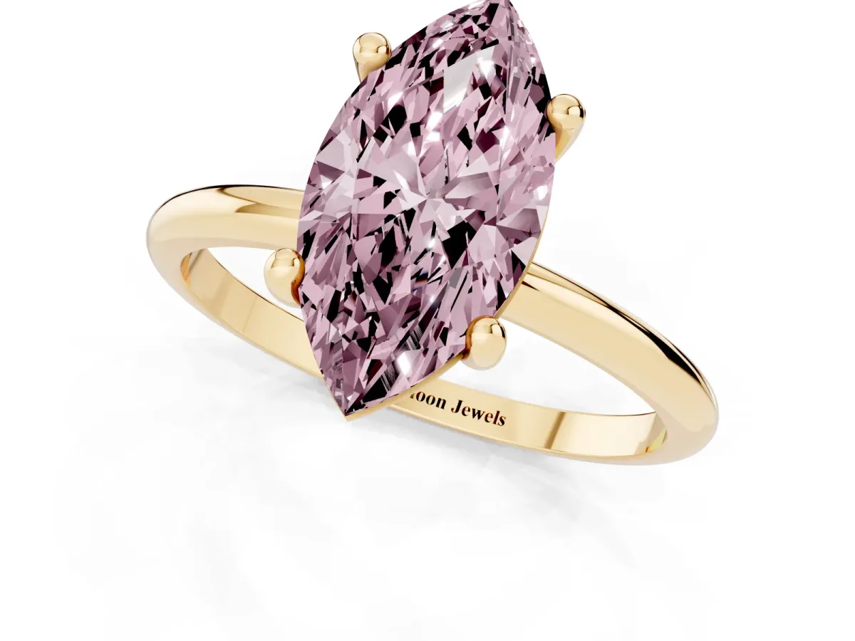 Fancy Pink Marquise Cut Solitaire Diamond Ring with 4-Prong Setting on a Classic Band Yellow gold