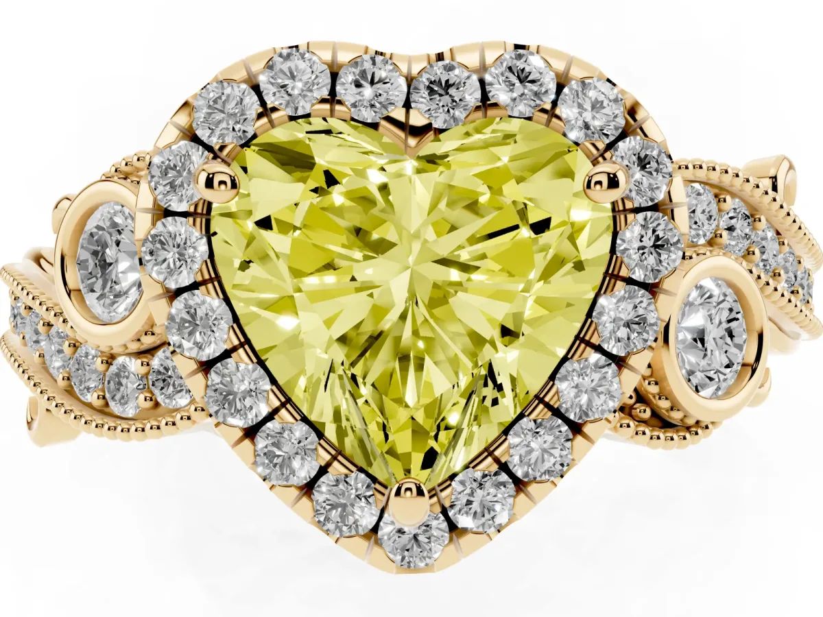 Fancy Yellow Heart Cut Diamond Halo Ring with Milgrain Pavé Band and Four-Prong Setting Yellow gold
