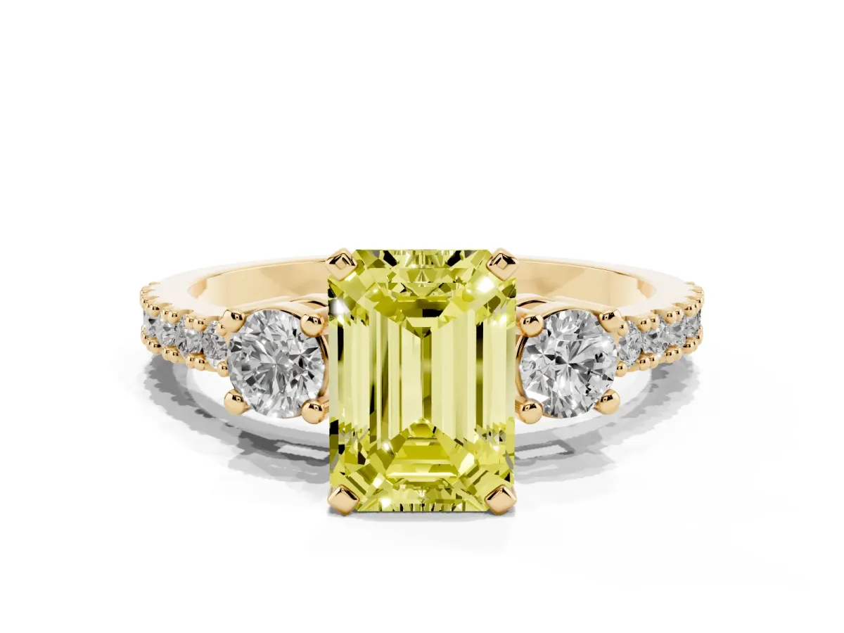 Fancy Yellow Emerald Cut Three-Stone Diamond Pavé Band with Prong Setting Yellow gold