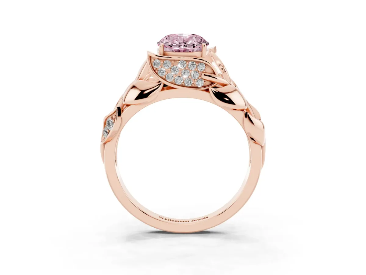Fancy Pink Oval Cut Diamond Leaf-Inspired Engagement Ring with Round Accents and Prong Setting Rose gold