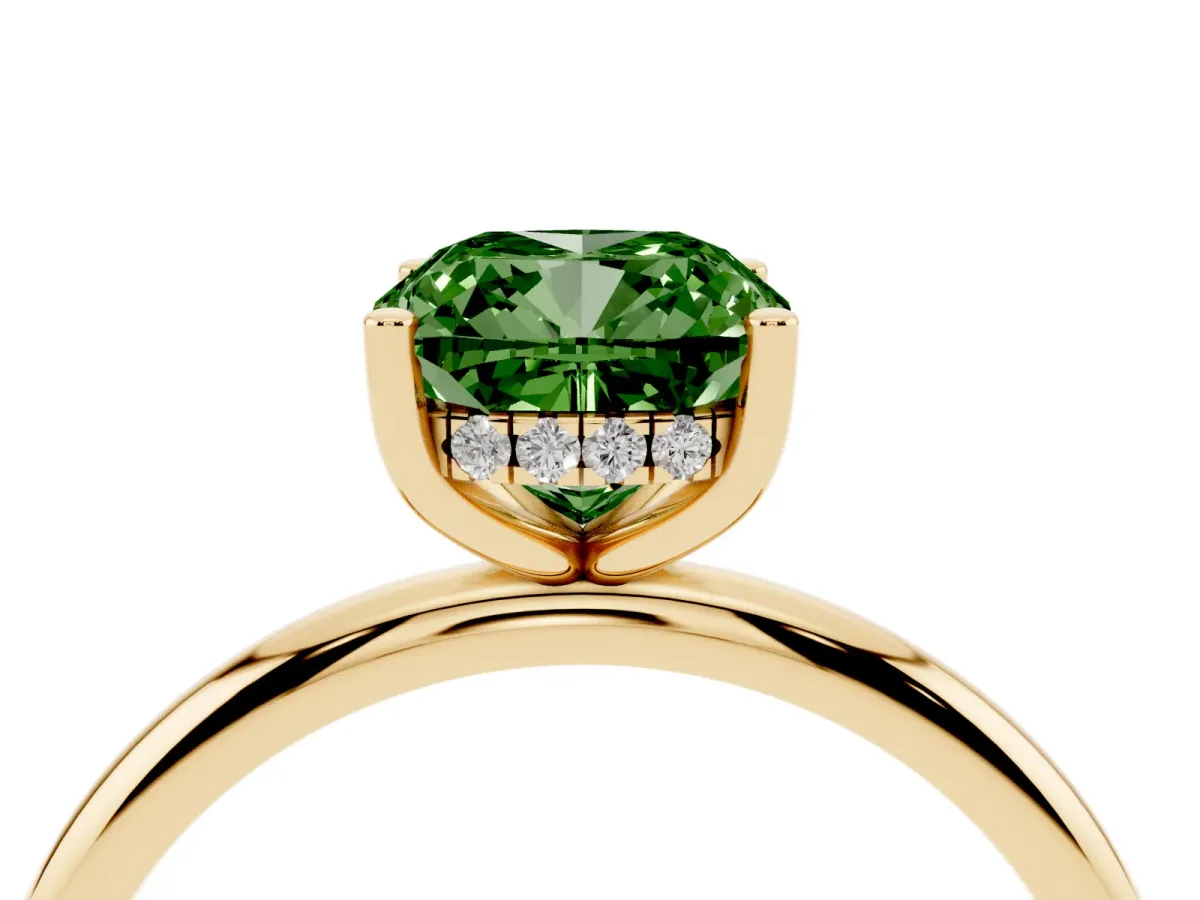 Fancy Green Cushion Cut Cut Solitaire Engagement Ring with Four-Prong Setting and Classic Band Yellow gold