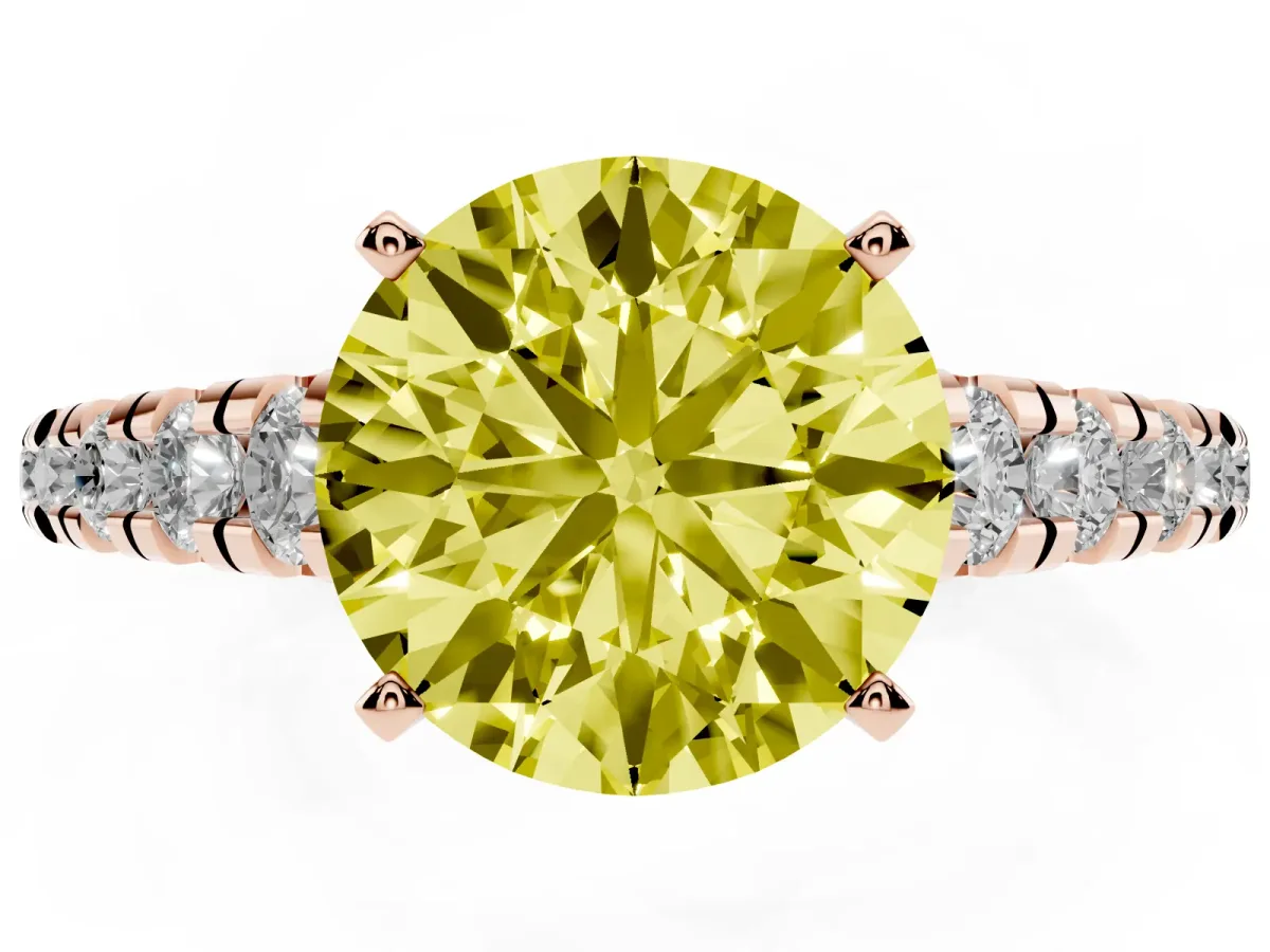 Fancy Yellow Round Cut Diamond Cathedral Solitaire Ring with Round Pavé Band Rose gold