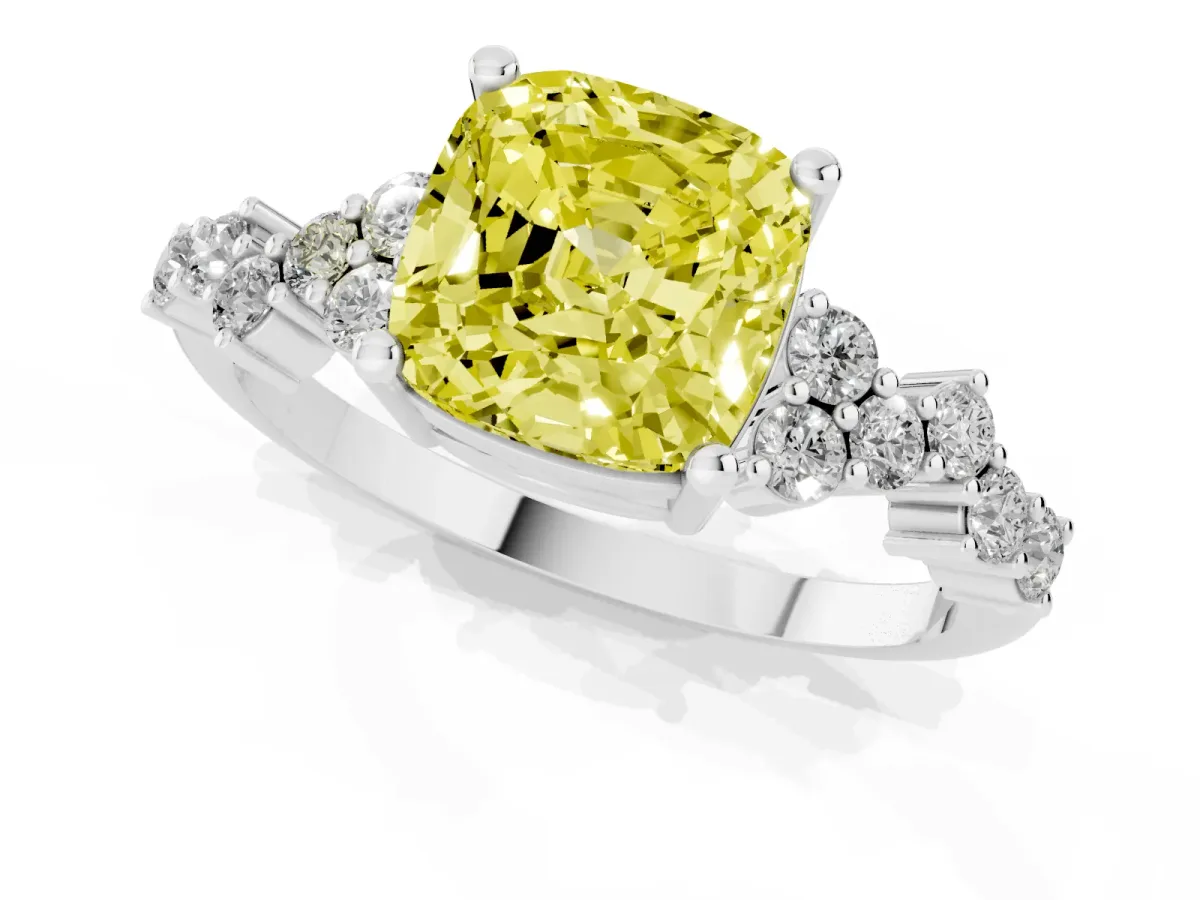Fancy Yellow Cushion Cut Diamond Scattered Round Accent Ring with Prong Setting White gold